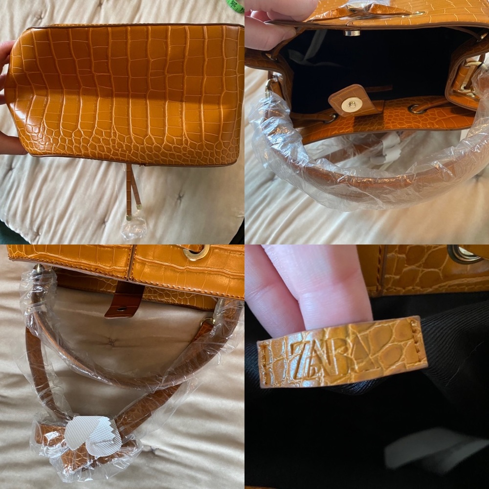 NWT Zara croc embossed faux leather top handle long strap bucket bag mustard - Picture 7 of 12